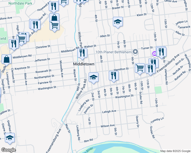 map of restaurants, bars, coffee shops, grocery stores, and more near 1845 3rd Street in Bethlehem