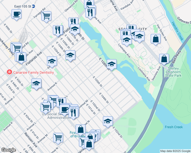 map of restaurants, bars, coffee shops, grocery stores, and more near 1215 East 105th Street in Brooklyn