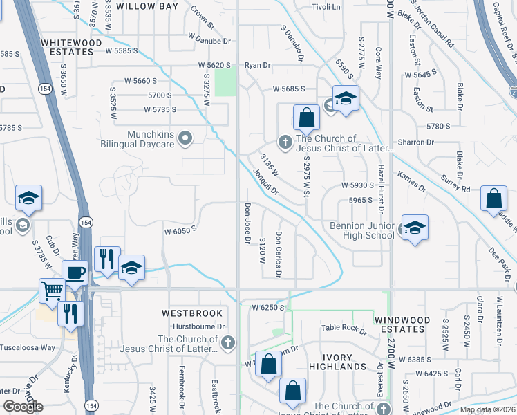 map of restaurants, bars, coffee shops, grocery stores, and more near 3125 Don Francisco Drive in Salt Lake City