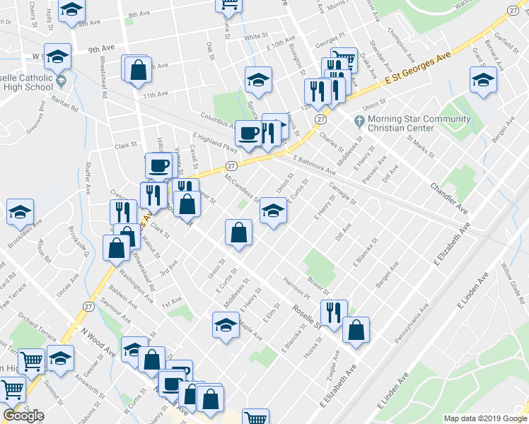 map of restaurants, bars, coffee shops, grocery stores, and more near 1119 McCandless Street in Linden