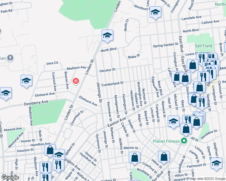 map of restaurants, bars, coffee shops, grocery stores, and more near 2125 Montgomery Street in Bethlehem