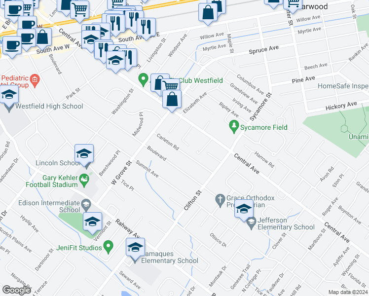 map of restaurants, bars, coffee shops, grocery stores, and more near 863 Carleton Road in Westfield