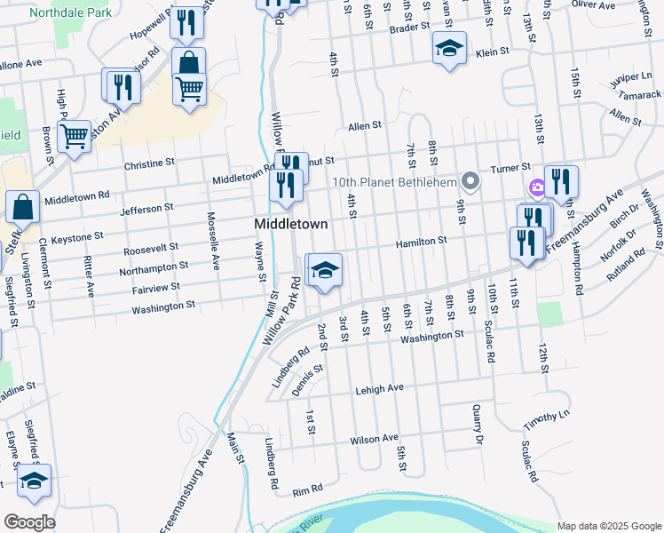 map of restaurants, bars, coffee shops, grocery stores, and more near 1845 3rd Street in Bethlehem