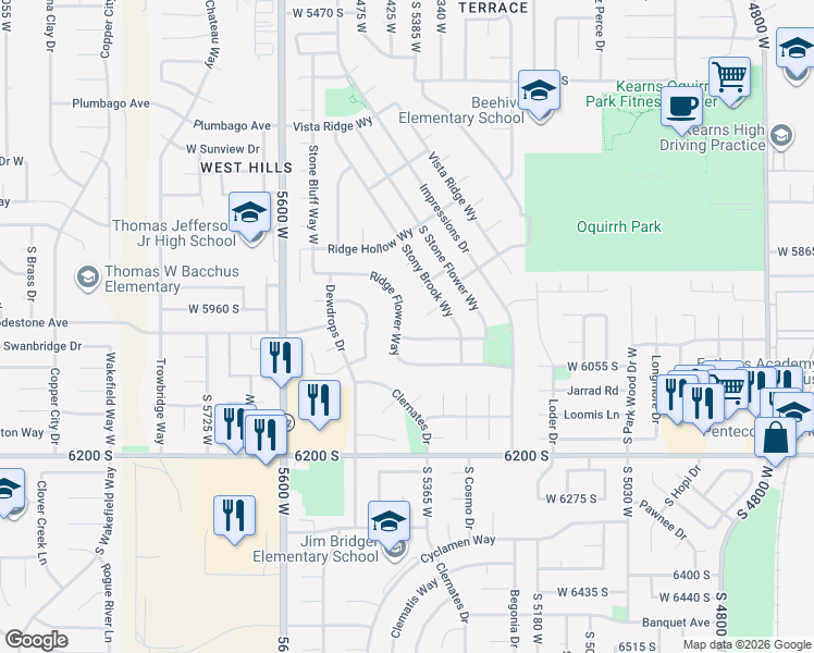 map of restaurants, bars, coffee shops, grocery stores, and more near 5985 Ridge Flower Way in Kearns