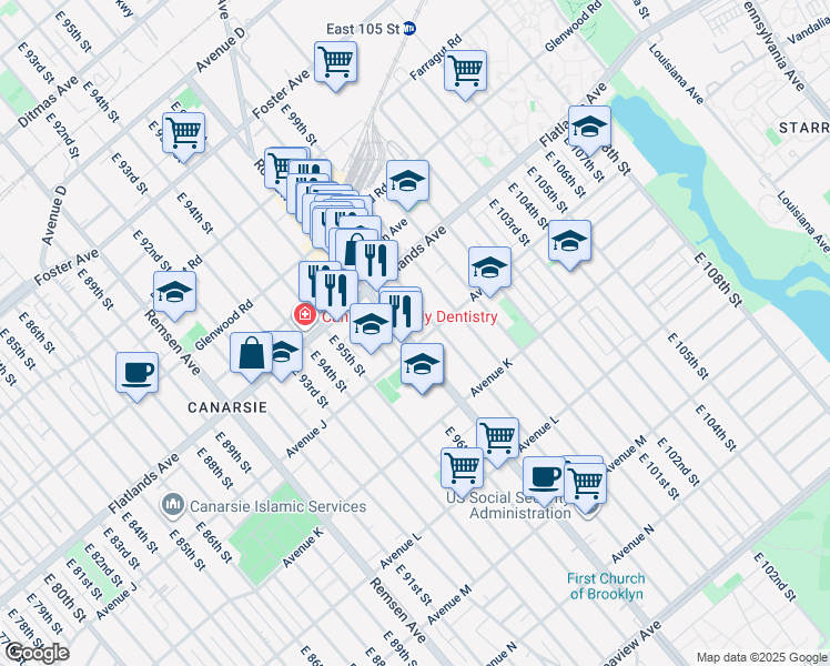 map of restaurants, bars, coffee shops, grocery stores, and more near 1585 Rockaway Parkway in Brooklyn