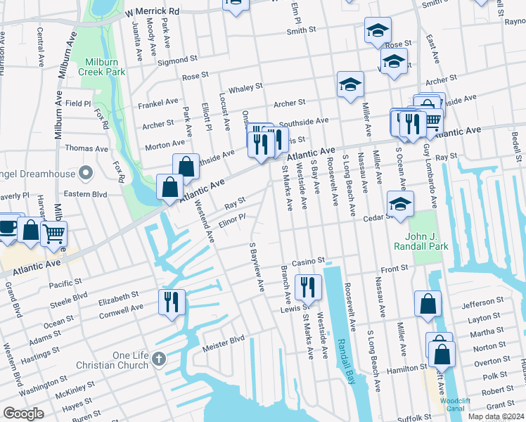 map of restaurants, bars, coffee shops, grocery stores, and more near 427 South Bayview Avenue in Freeport