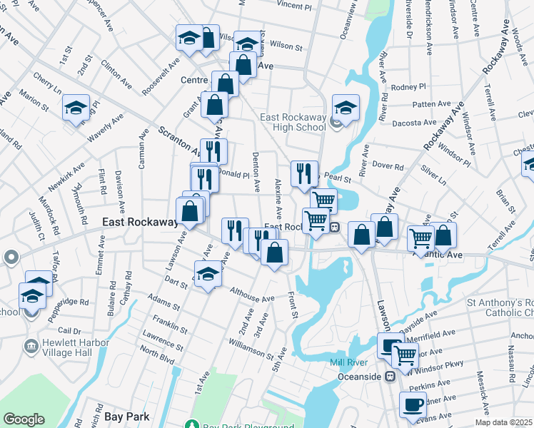 map of restaurants, bars, coffee shops, grocery stores, and more near 59 Denton Avenue in East Rockaway