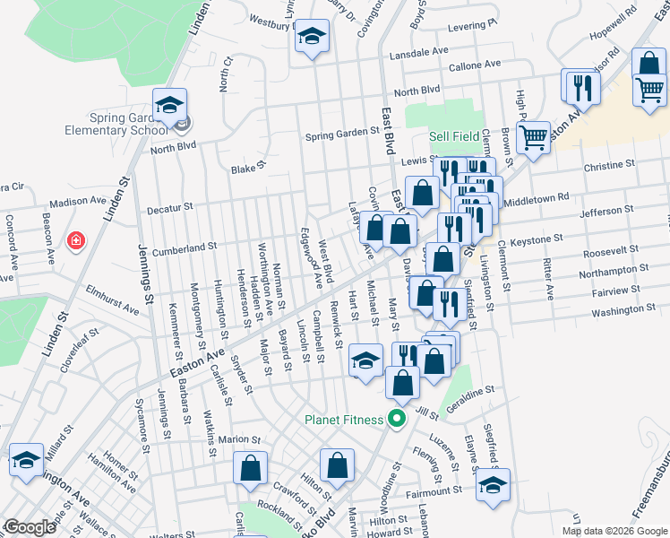map of restaurants, bars, coffee shops, grocery stores, and more near 2124 West Boulevard in Bethlehem