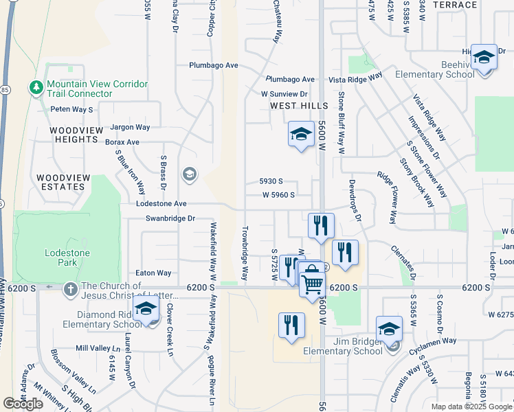 map of restaurants, bars, coffee shops, grocery stores, and more near 5768 Lodestone Avenue in Kearns