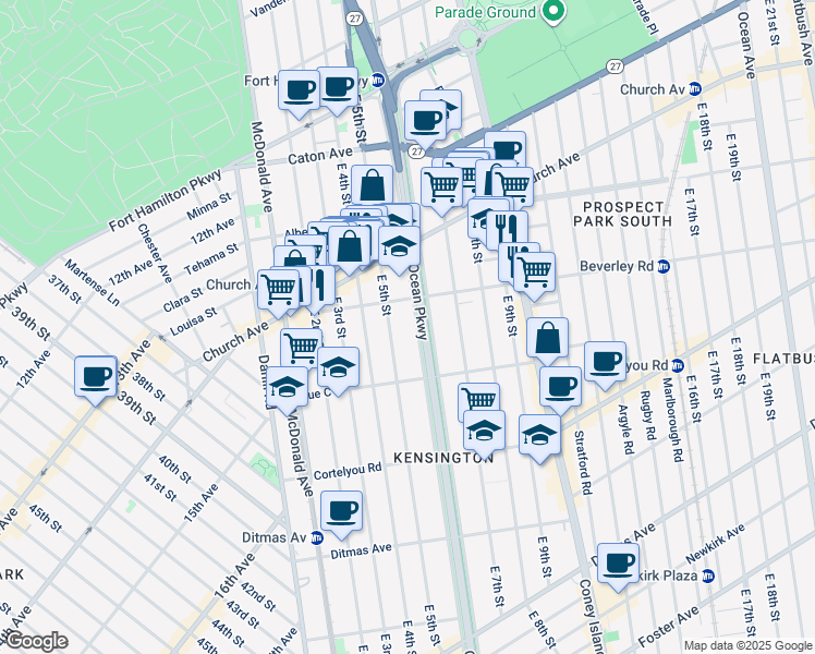 map of restaurants, bars, coffee shops, grocery stores, and more near 280 Ocean Parkway Service Road in Brooklyn