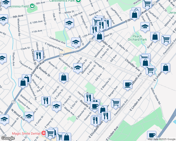 map of restaurants, bars, coffee shops, grocery stores, and more near 909 Lincoln Street in Linden