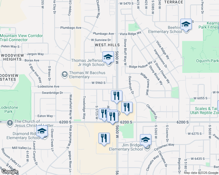 map of restaurants, bars, coffee shops, grocery stores, and more near 5648 Lodestone Avenue in Kearns