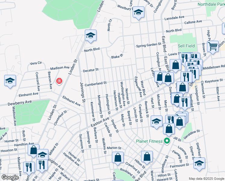 map of restaurants, bars, coffee shops, grocery stores, and more near 2117 Henderson Street in Bethlehem