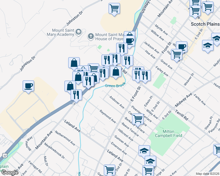 map of restaurants, bars, coffee shops, grocery stores, and more near 1367 Milton Place in Plainfield