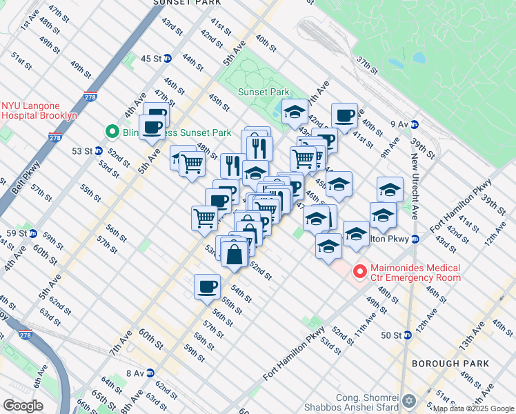 map of restaurants, bars, coffee shops, grocery stores, and more near 745 49th Street in Brooklyn