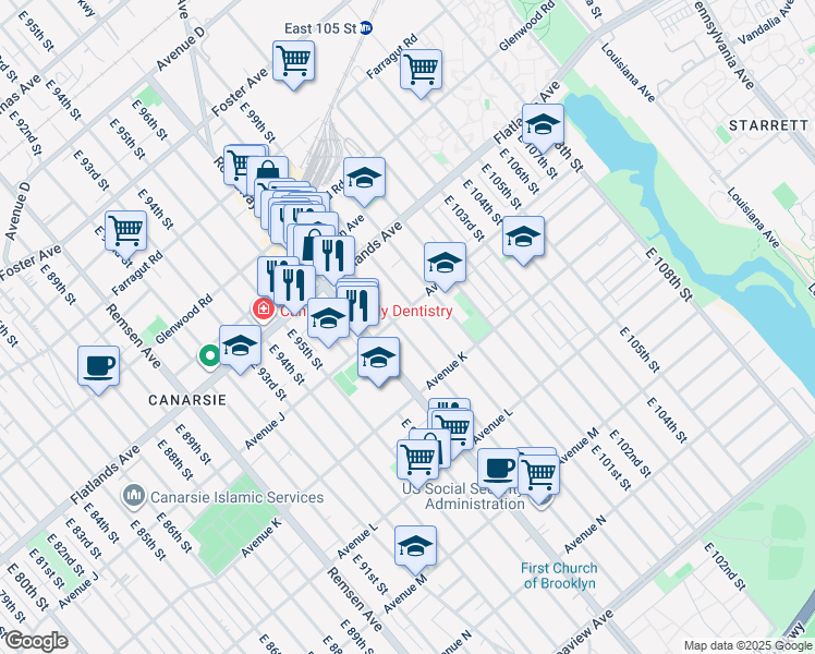 map of restaurants, bars, coffee shops, grocery stores, and more near 1207 East 98th Street in Brooklyn