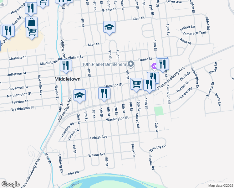 map of restaurants, bars, coffee shops, grocery stores, and more near 1834 7th Street in Bethlehem