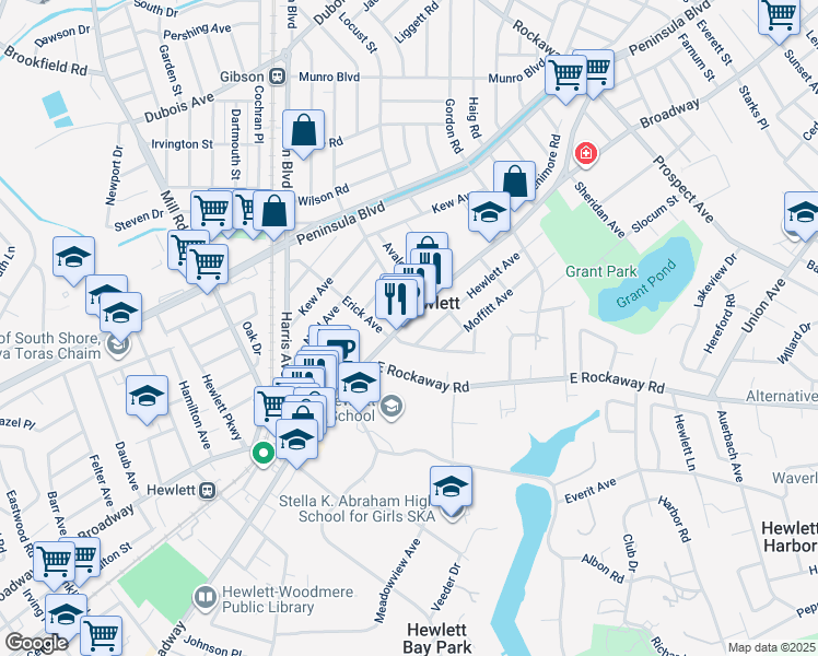 map of restaurants, bars, coffee shops, grocery stores, and more near 1445 Broadway in Hewlett