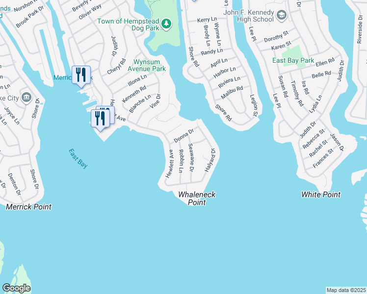 map of restaurants, bars, coffee shops, grocery stores, and more near 3301 Robbin Lane in Merrick