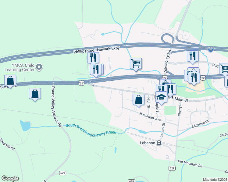 map of restaurants, bars, coffee shops, grocery stores, and more near 23 Main Street in Lebanon