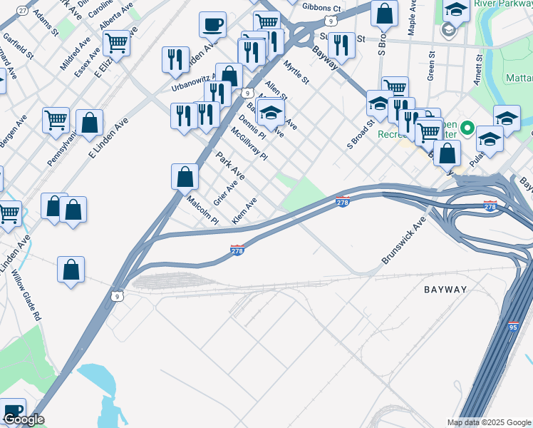 map of restaurants, bars, coffee shops, grocery stores, and more near 943 Worth Avenue in Linden