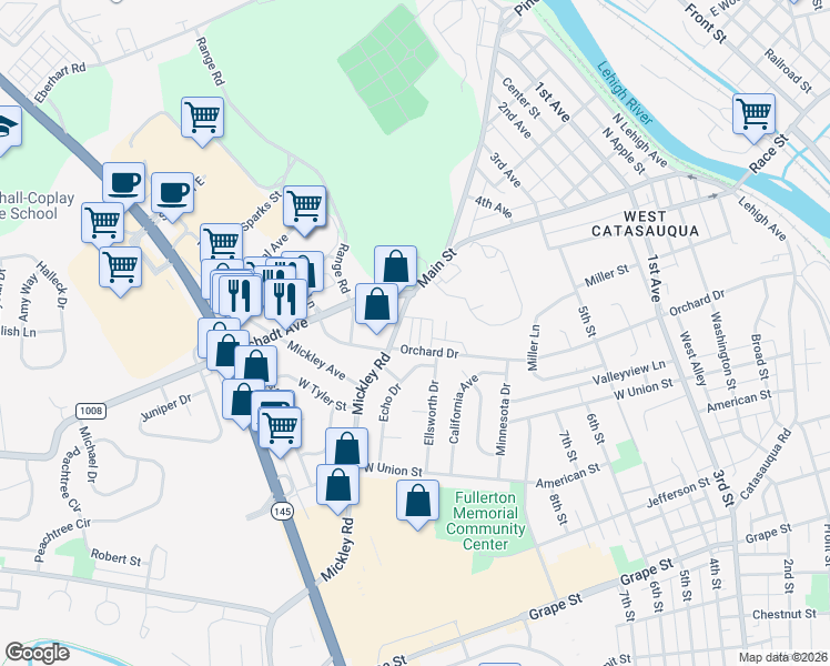 map of restaurants, bars, coffee shops, grocery stores, and more near 1301 Mickley Road in Fullerton