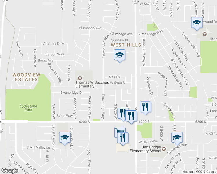 map of restaurants, bars, coffee shops, grocery stores, and more near 5768 Lodestone Avenue in Kearns