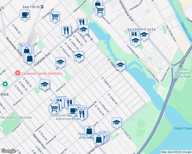 map of restaurants, bars, coffee shops, grocery stores, and more near 10405 Avenue L in Brooklyn