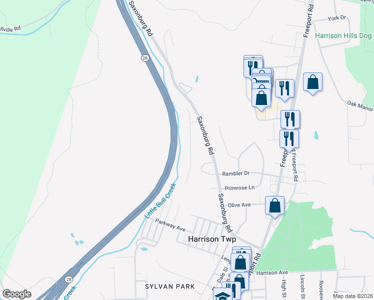 map of restaurants, bars, coffee shops, grocery stores, and more near 2857 North Meadow Street in Natrona Heights