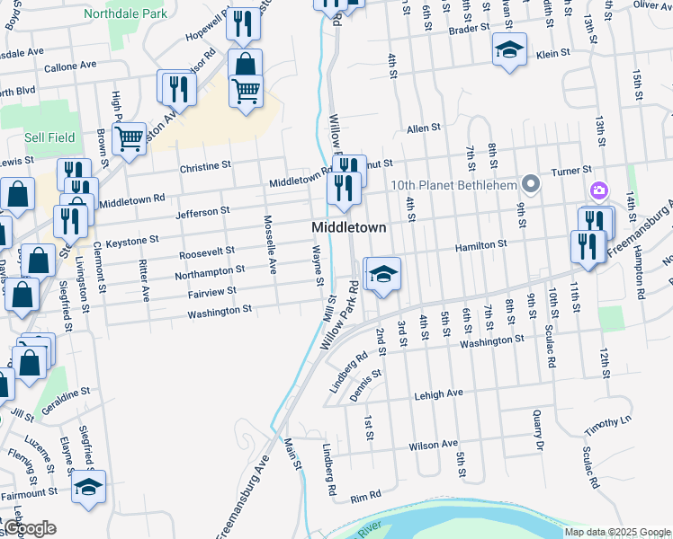 map of restaurants, bars, coffee shops, grocery stores, and more near 1907A Mill Street in Bethlehem