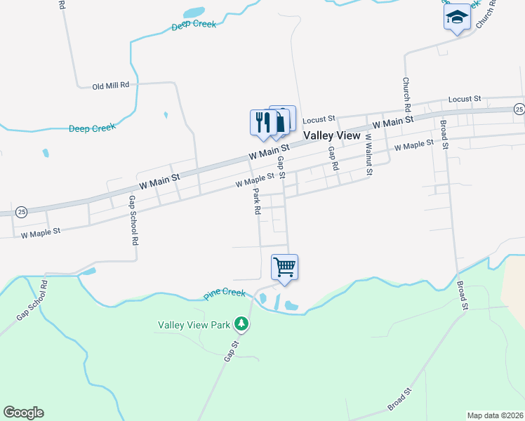 map of restaurants, bars, coffee shops, grocery stores, and more near 308 Park Road in Valley View