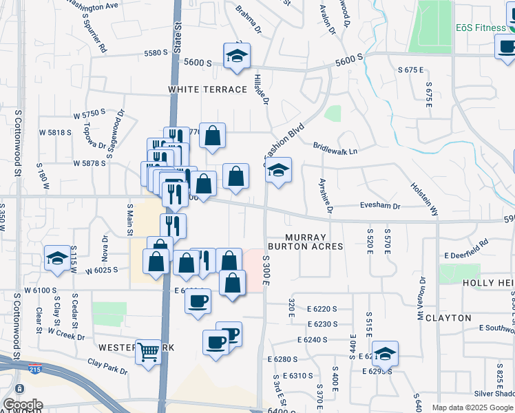 map of restaurants, bars, coffee shops, grocery stores, and more near 262 5900 South in Murray