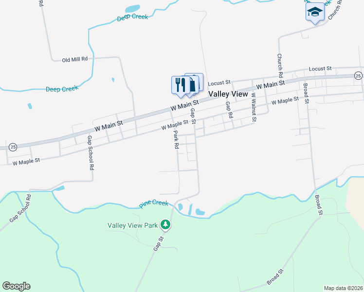 map of restaurants, bars, coffee shops, grocery stores, and more near 308 Park Road in Valley View