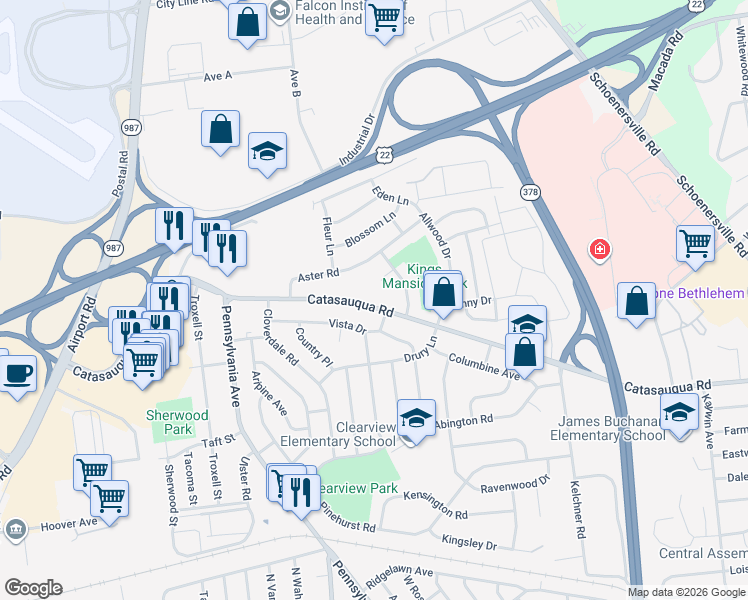 map of restaurants, bars, coffee shops, grocery stores, and more near 2140 Catasauqua Road in Bethlehem