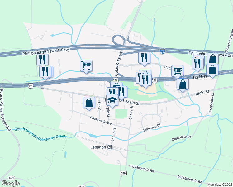 map of restaurants, bars, coffee shops, grocery stores, and more near 1 Cokesbury Road in Lebanon