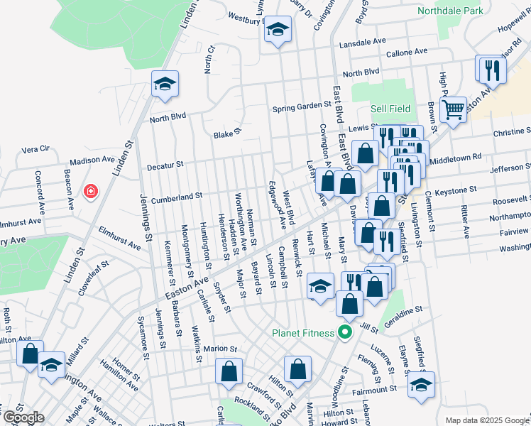 map of restaurants, bars, coffee shops, grocery stores, and more near 1117 Belmont Street in Bethlehem