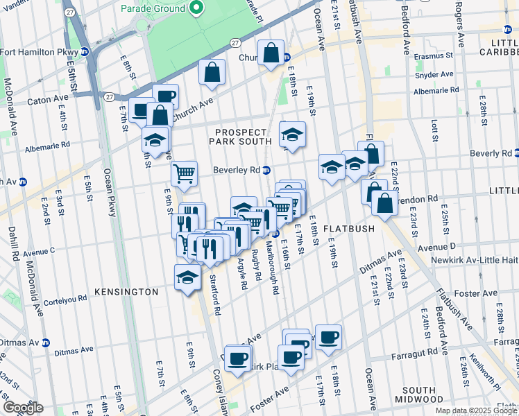 map of restaurants, bars, coffee shops, grocery stores, and more near 310 Marlborough Road in Brooklyn