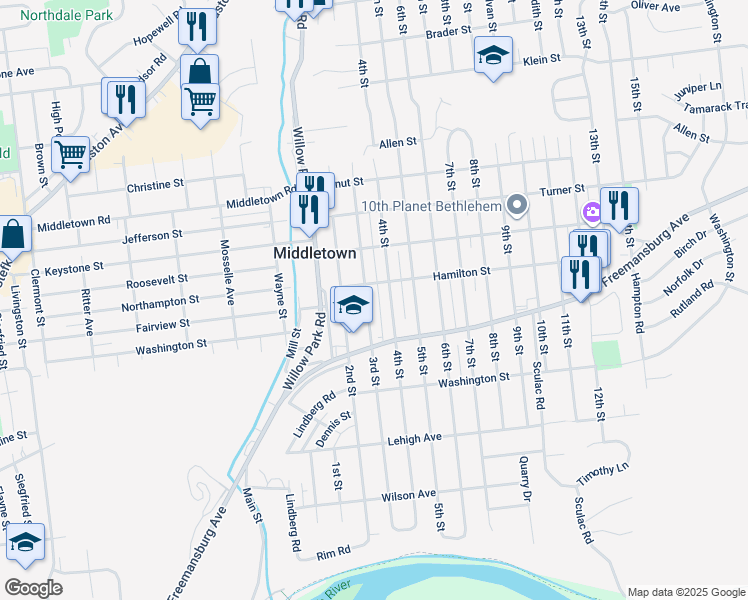 map of restaurants, bars, coffee shops, grocery stores, and more near 1852 3rd Street in Bethlehem