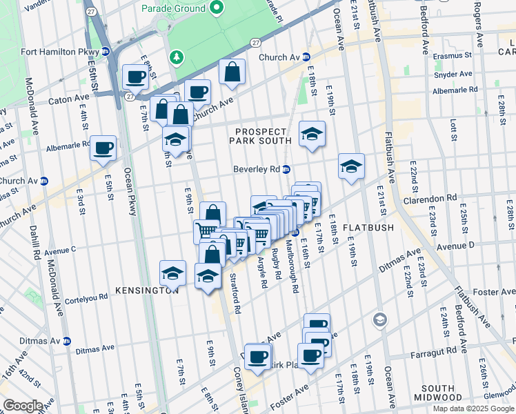 map of restaurants, bars, coffee shops, grocery stores, and more near 279 Argyle Road in Brooklyn