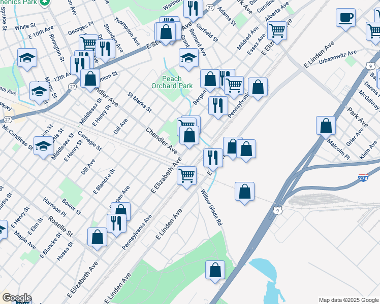 map of restaurants, bars, coffee shops, grocery stores, and more near 1220 East Elizabeth Avenue in Linden