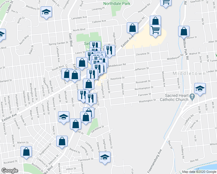map of restaurants, bars, coffee shops, grocery stores, and more near 2109 Clermont Street in Bethlehem