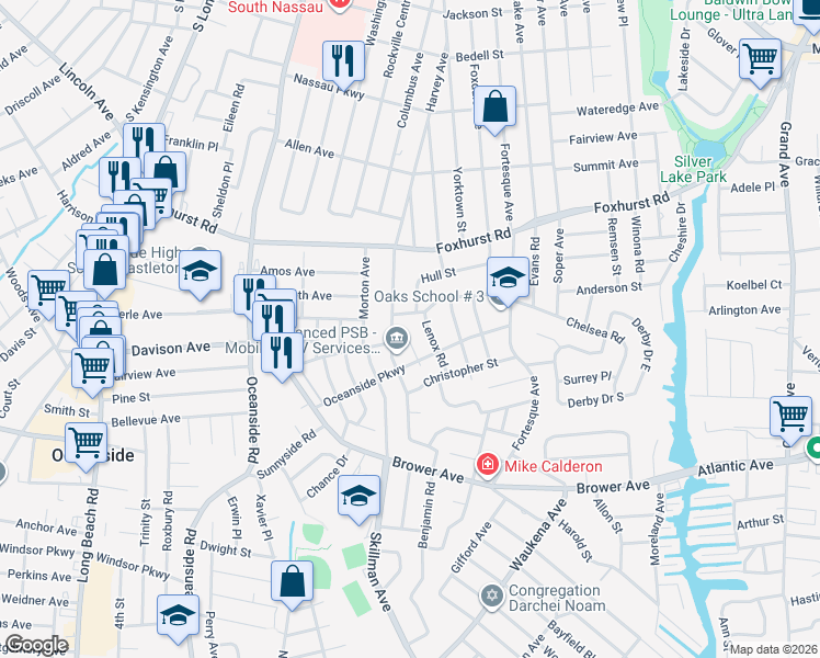 map of restaurants, bars, coffee shops, grocery stores, and more near 2847 Calvin Road in Oceanside