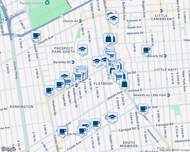 map of restaurants, bars, coffee shops, grocery stores, and more near 309 East 19th Street in Brooklyn