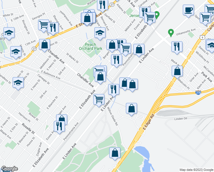 map of restaurants, bars, coffee shops, grocery stores, and more near 1100 Pennsylvania Avenue in Linden