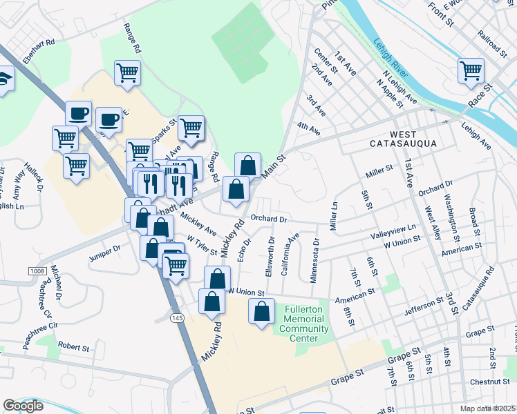 map of restaurants, bars, coffee shops, grocery stores, and more near 1301 Mickley Road in Whitehall