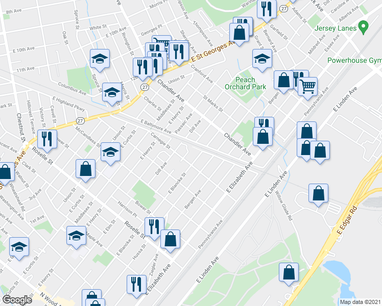 map of restaurants, bars, coffee shops, grocery stores, and more near 1016 Monmouth Avenue in Linden