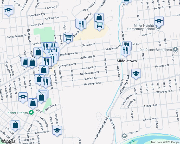 map of restaurants, bars, coffee shops, grocery stores, and more near 2929 Northampton St in Bethlehem