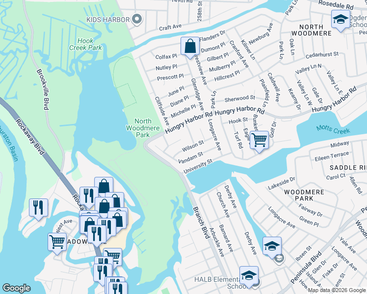 map of restaurants, bars, coffee shops, grocery stores, and more near 730 Wilson St in Valley Stream