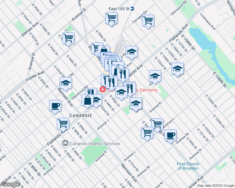 map of restaurants, bars, coffee shops, grocery stores, and more near 1176 East 96th Street in Brooklyn