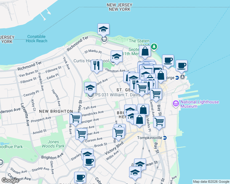 map of restaurants, bars, coffee shops, grocery stores, and more near 76 Fort Hill Circle in Staten Island
